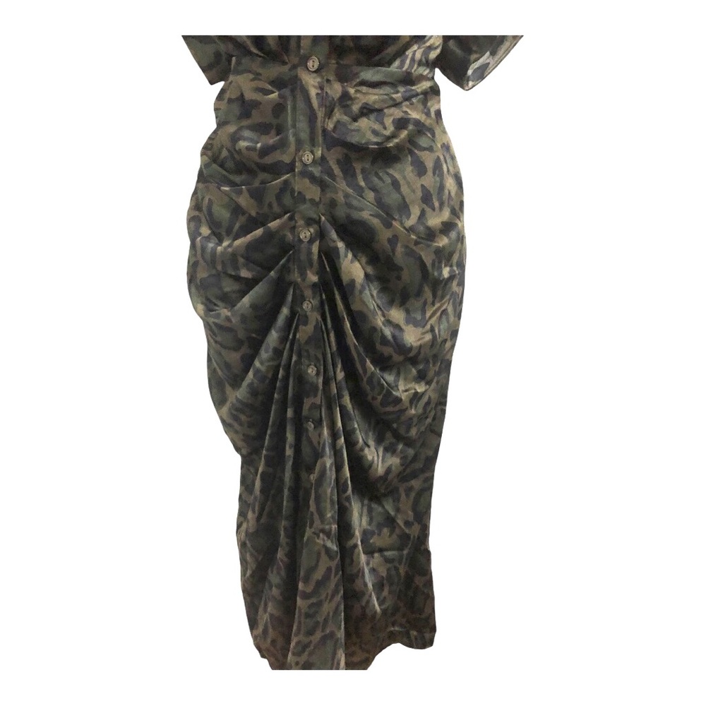 Steve Madden TORI Tony camo green satin look belted button front shirtdress szL - Picture 16 of 17